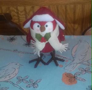 We missed Christmas, so gifts were shared. I found this bird whimsical and comforting, a little fun during the cold. Tam happened to display hers on her centerpiece mat. How appropriate among the birds!